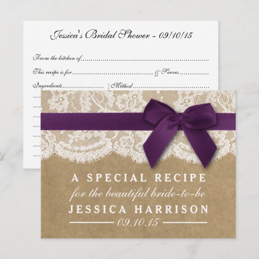 Paarse lint op Kraft & Lace Vrijgezellenfeest rece Uitnodiging Briefkaart (Voorkant / Achterkant)