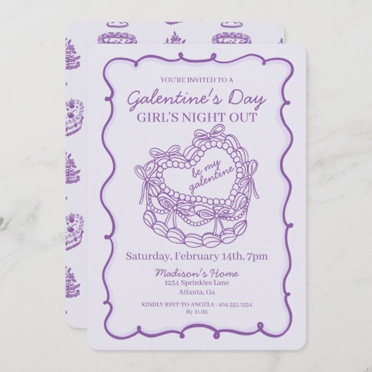 Paarse Lint Retro Hart Coquette Cake Galentine Kaart (Voorkant / Achterkant)