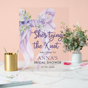 Paarse lint Ze bindt de knoop Vrijgezellenfeest Acryl Bord