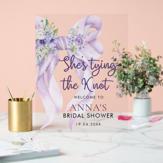 Paarse lint Ze bindt de knoop Vrijgezellenfeest Acryl Bord (Huwelijk)