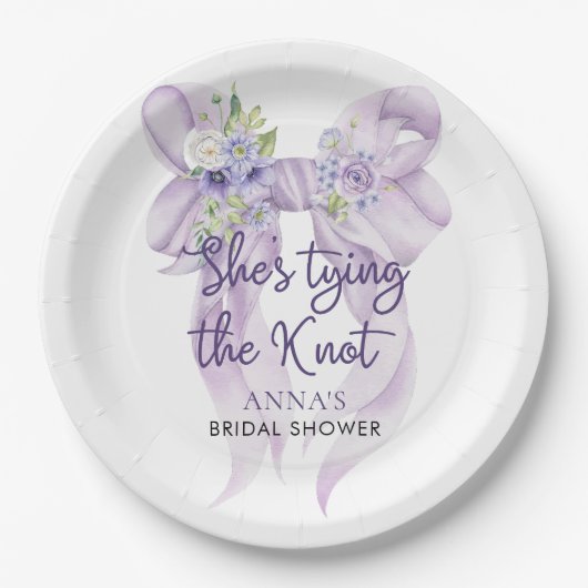 Paarse lint Ze bindt de knoop Vrijgezellenfeest Papieren Bordje (Voorkant)