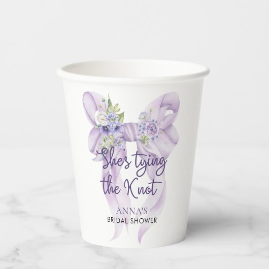 Paarse lint ze knoopt de knoop bruidsfeest papieren bekers (Voorkant)