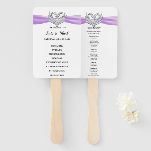 Paarse lint zilveren zwaan bruiloft programma fans handwaaier (Voorkant en achterkant)