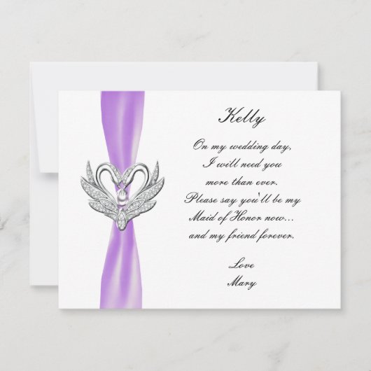 Paarse lint zilveren zwanen bruidsmeisje kaart (Voorkant)