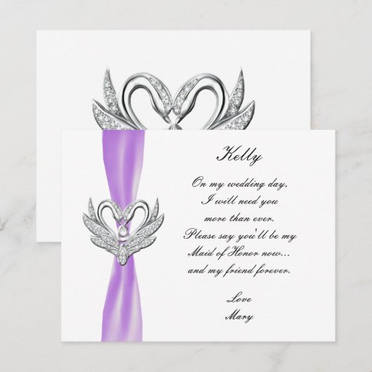 Paarse lint zilveren zwanen bruidsmeisje kaart (Voorkant / Achterkant)