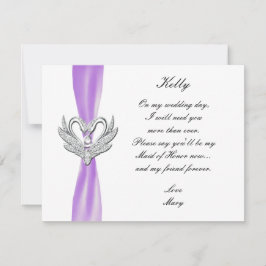 Paarse lint zilveren zwanen bruidsmeisje kaart