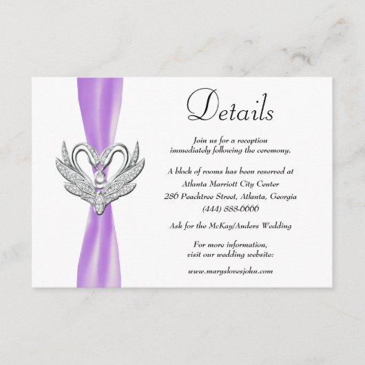 Paarse lint zilveren zwanen bruiloft details informatiekaartje (Voorkant)