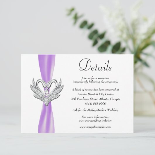 Paarse lint zilveren zwanen bruiloft details informatiekaartje (Staand voorkant)