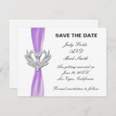 Paarse lint zilveren zwanen save the date kaart (Voorkant / Achterkant)