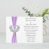 Paarse lint zilveren zwanen uitnodiging (Staand voorkant)