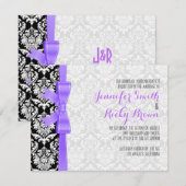 Paarse lint zwart-wit damasks bruiloft kaart (Voorkant / Achterkant)