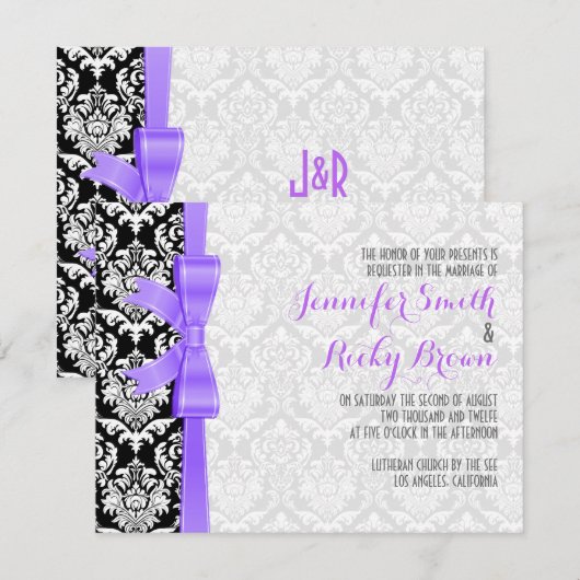 Paarse lint zwart-wit damasks bruiloft kaart (Voorkant / Achterkant)