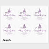 Paarse lintboom vrolijk kerstscript ronde sticker (Vel)