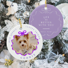Paarse linten herinneringsfoto voor huisdier keramisch ornament