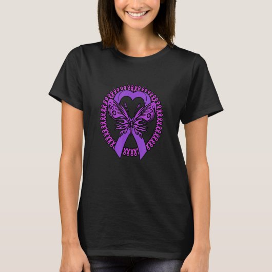 Paarse lintvlinder Fibromyalgie Bewustmaking T-shirt (Voorkant)