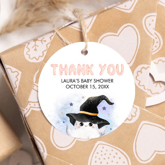 Paarse Little Boo Ghost Witch Baby shower Ronde Bedankjes Labels