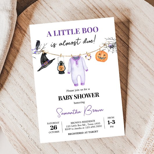 Paarse Little Boo Halloween Baby shower Kaart