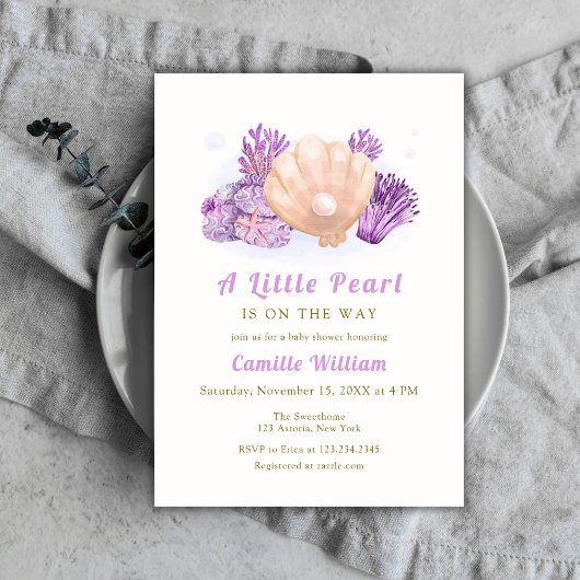 Paarse Little Pearl Ocean Seashell Baby shower Kaart