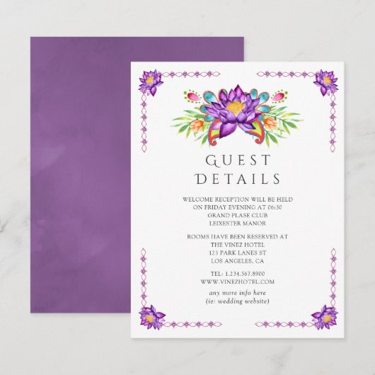 Paarse Lotus Flower Indian Wedding Guest - Details Informatiekaartje (Voorkant / Achterkant)