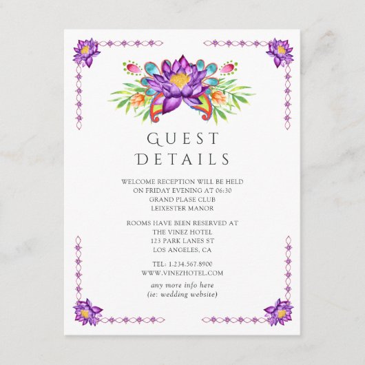 Paarse Lotus Flower Indian Wedding Guest - Details Informatiekaartje (Voorkant)