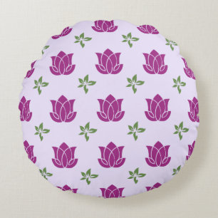 Paarse Lotus & Groene Bladeren Patroon Ronde Kusse Rond Kussen