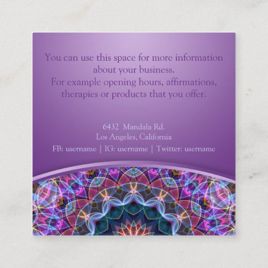 Paarse Lotus Mandala Square Vierkante Visitekaartje (Achterkant)