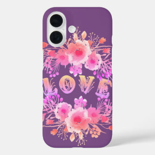 Paarse LOVE in Waterverf bloemen iPhone 16 Hoesje