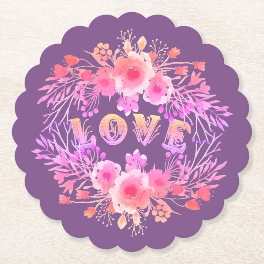 Paarse LOVE in Waterverf bloemen Kartonnen Onderzetters (Voorkant)