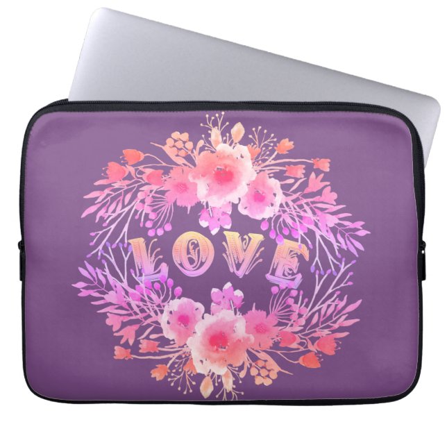 Paarse LOVE in Waterverf bloemen Laptop Sleeve (Voorkant)