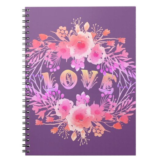Paarse LOVE in Waterverf bloemen Notitieboek (Voorkant)