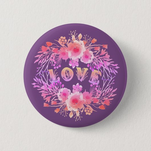 Paarse LOVE in Waterverf bloemen Ronde Button 5,7 Cm (Voorkant)