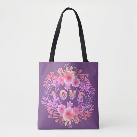 Paarse LOVE in Waterverf bloemen Tote Bag (Voorkant)