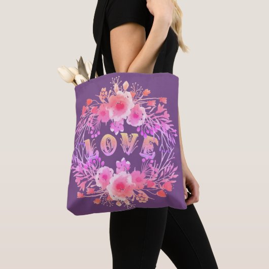 Paarse LOVE in Waterverf bloemen Tote Bag (Dichtbij)