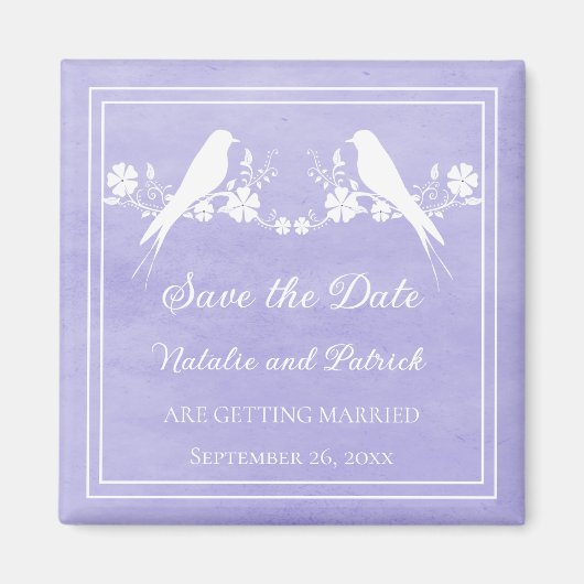 Paarse Lovebird Bloemen Save the Date-magneet Magneet (Voorkant)