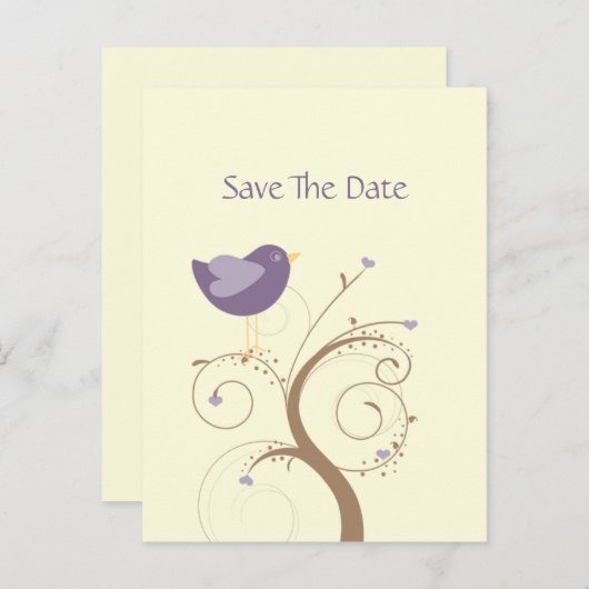 Paarse lovebird en harten redden de datum aankondigingskaart (Voorkant / Achterkant)