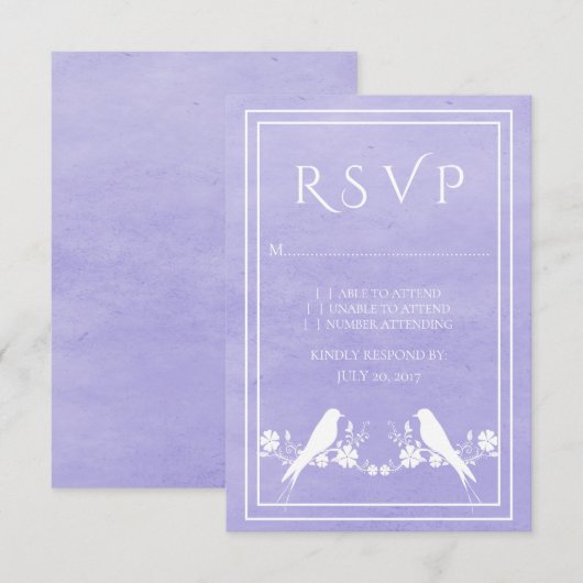 Paarse Lovebird Floral Wedding RSVP-kaart RSVP Kaartje (Voorkant / Achterkant)