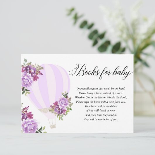 Paarse luchtballon met florele hete lucht in plaat informatiekaartje (Staand voorkant)