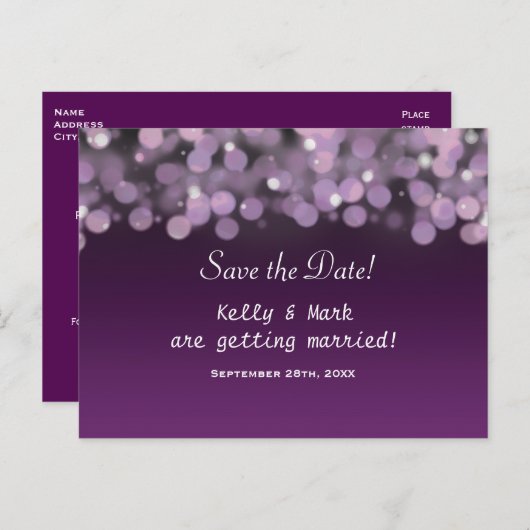 Paarse luchtlichten Save the Date trouwkaart Aankondigingskaart (Voorkant / Achterkant)