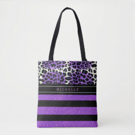 Paarse luipaard en zwarte Paarse glitterstripes Tote Bag