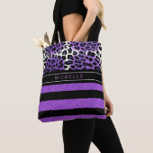Paarse luipaard en zwarte Paarse glitterstripes Tote Bag (Dichtbij)