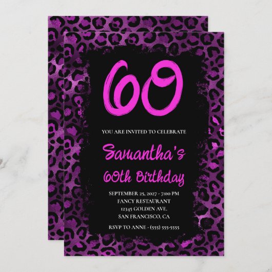 Paarse luipaard gekleurd zwart 60e verjaardag kaart (Voorkant / Achterkant)