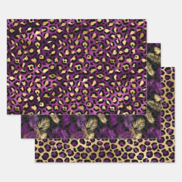 Paarse Luipaardprint met Gouden Tropische Bladeren Inpakpapier Vel