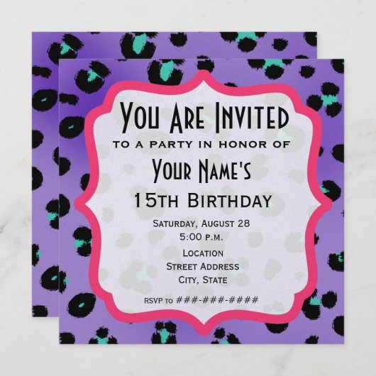 Paarse Luipaardprint Uitnodiging voor Feestje (Voorkant / Achterkant)