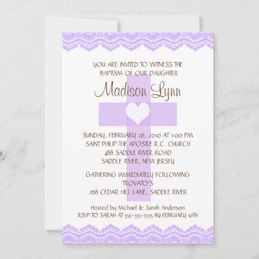 Paarse luis Cross Baby Girl Baptisme Kaart (Voorkant)