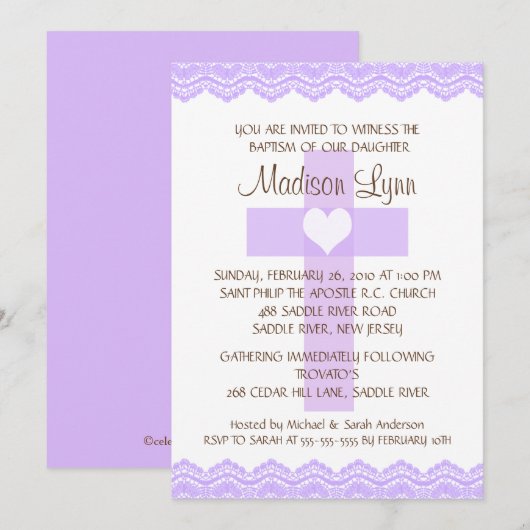 Paarse luis Cross Baby Girl Baptisme Kaart (Voorkant / Achterkant)