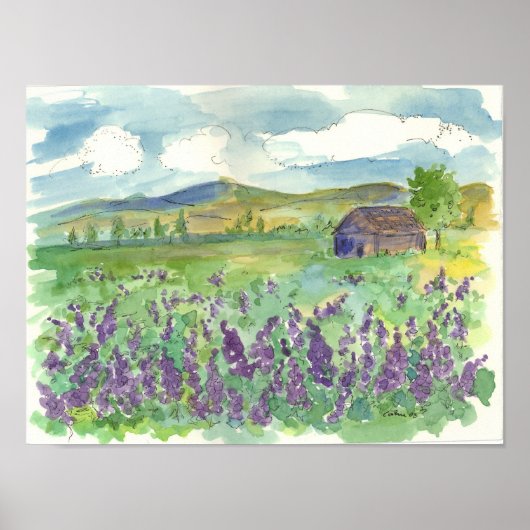 Paarse Lupine Field of Flowers Waterverf Meadow Poster (Voorkant)