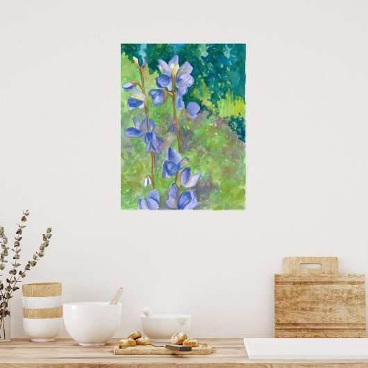 Paarse Lupine Wildbloemen Waterverf Landschap Poster (Keuken)