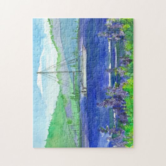 Paarse Lupinemeer Catamaran Sailboot Legpuzzel (Verticaal)