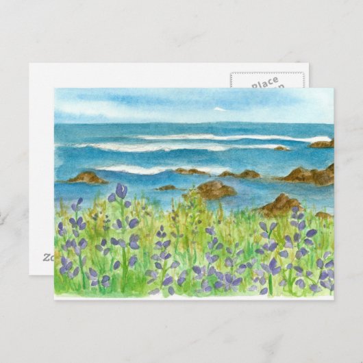 Paarse Lupines Waterverf Wildflowers Ocean Waves Briefkaart (Voorkant / Achterkant)