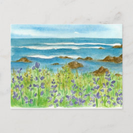 Paarse Lupines Waterverf Wildflowers Ocean Waves Briefkaart